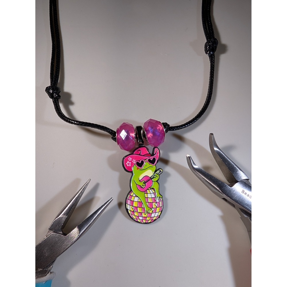 Frog Disco Ball Cowboy Hat Necklace Repurposed Enamel Pin Adjustable Pink Green